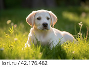 Labrador puppy in green grass. Стоковое AI-изображение, AI-художник Михаил Коханчиков / Фотобанк Лори