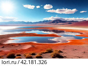 Landscape photo of Laguna Colorada lake with dry vegetation at Andes mountains background. Scenery view of Bolivia in natural wilderness. Bolivian nature landmarks concept. Copy ad text space, poster. Стоковое AI-изображение, AI-художник Aleksandr Golubev / Фотобанк Лори