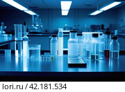 Modern Medical Research Laboratory. Scientific Lab Biotechnology. Equipment of that used in laboratories, hospitals, research labs, industry etc. Analysis of solvents, drugs, residues, pharmaceuticals. Стоковое AI-изображение, AI-художник Марина Демидюк / Фотобанк Лори