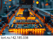 Advanced High Precision Robot Arms on Fully Automated PCB Assembly Line Inside Modern Electronics Factory. Electronic Devices Production Industry. Component Installation on Circuit Board. Стоковое AI-изображение, AI-художник Ирина Михайличенко / Фотобанк Лори