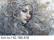Drawing of a long-haired woman in shades of gray, portrait, ,Generative AI. Стоковое AI-изображение, AI-художник Анна Кривицкая / Фотобанк Лори