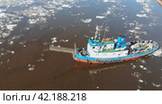 Ледокол работает на Северной Двине во время ледохода (2020 год). Редакционное видео, видеограф Яковлев Сергей / Фотобанк Лори