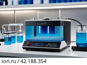 Reagents acid suspensions for experiments, close-up of flasks and test tubes with acid in chemical laboratory. Conical flask with samples of acids. Chemical industry concept. Copy ad text space. Стоковое AI-изображение, AI-художник Aleksandr Golubev / Фотобанк Лори