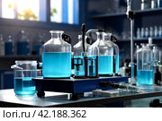 Reagents acid suspensions for experiments, close-up of flasks and test tubes with acid in chemical laboratory. Conical flask with samples of acids. Chemical industry concept. Copy ad text space. Стоковое AI-изображение, AI-художник Aleksandr Golubev / Фотобанк Лори