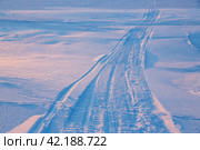 Snowmobile tracks in the snow. Snowmobiling on the ice of the frozen sea. Travels and expeditions to the far north to the Arctic. Extreme tourism in the polar region. Cold frosty winter weather. Стоковое фото, фотограф Андрей Степанов / Фотобанк Лори