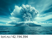 Volcanic eruption on the island. Eruption of anak Krakatau Island at Lampung Regency of Indonesia. Стоковое AI-изображение, AI-художник Ирина Михайличенко / Фотобанк Лори