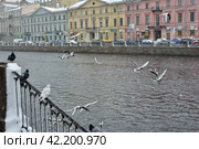 Ненастная погода в Санкт-Петербурге. Мокрый снег с дождем. Река Фонтанка (2017 год). Стоковое фото, фотограф Александр Алексеев / Фотобанк Лори
