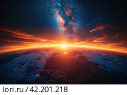 A keen eye from a satellite: the incredible sunrise in all its cosmic beauty. Стоковое AI-изображение, AI-художник Юрий Поздников / Фотобанк Лори