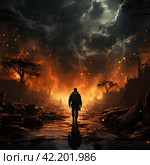 Military man in front of a burning city,Generative AI. Стоковое AI-изображение, AI-художник Анна Кривицкая / Фотобанк Лори
