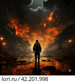 Military man in front of a burning city,Generative AI. Стоковое AI-изображение, AI-художник Анна Кривицкая / Фотобанк Лори