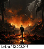 Military man in front of a burning city,Generative AI. Стоковое AI-изображение, AI-художник Анна Кривицкая / Фотобанк Лори