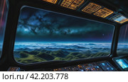 The porthole of a spaceship with a view of the planet. AI. Стоковое AI-видео, аниматор Виктория Кольцова / Фотобанк Лори