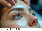 Concept of eyebrow and eyelash lamination in studio. Eyebrows lamination. Brow beauty procedures. Combs eyebrows with a brus, eyebrow eye line. Стоковое AI-изображение, AI-художник Ирина Михайличенко / Фотобанк Лори