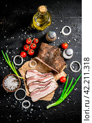 Pieces of lard on paper with onions and tomatoes. Стоковое фото, фотограф Артем Шадрин / Фотобанк Лори