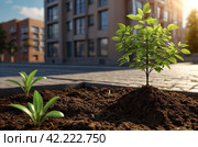 Planted young sapling of trees in an urban environment on territory of house. Background for gentrification of city. Concept of landscaping, nature, environment and ecology. Copy space. Стоковое AI-изображение, AI-художник Aleksandr Golubev / Фотобанк Лори