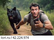 Scared selfie man with panther. Generate Ai. Стоковое AI-изображение, AI-художник Иван Рябоконь / Фотобанк Лори