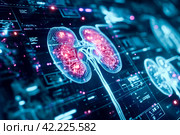 Futuristic Medical Interface Displaying Kidneys. Стоковое AI-изображение, AI-художник Margarita Davchenko / Фотобанк Лори
