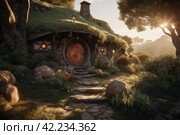 Hobbit house wood door. Generate AI. Стоковое AI-изображение, AI-художник Иван Рябоконь / Фотобанк Лори