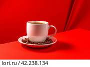 Coffee cup red background. Generate Ai. Стоковое AI-изображение, AI-художник Иван Рябоконь / Фотобанк Лори