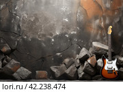 Rock day electric guitar stone background. Generate Ai. Стоковое AI-изображение, AI-художник Иван Рябоконь / Фотобанк Лори