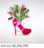 Greeting Card for the Eighth of March with Red Women's High-Heeled Shoes. Стоковая иллюстрация, иллюстратор Vicgmyr / Фотобанк Лори