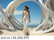 Fashion catwalk on the seashore with a model in white showing off an outfit,Generative AI. Стоковое AI-изображение, AI-художник Анна Кривицкая / Фотобанк Лори
