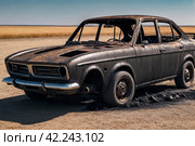 Close-up completely burnt out and carbonized car. Vehicle blown up by military shell burned abandoned automobile during war operations. Copy space. Стоковое AI-изображение, AI-художник Aleksandr Golubev / Фотобанк Лори