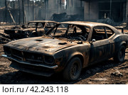 Completely burnt out and carbonized car. Vehicle blown up by military shell burned abandoned automobile during war operations. Copy ad text space. Стоковое AI-изображение, AI-художник Aleksandr Golubev / Фотобанк Лори