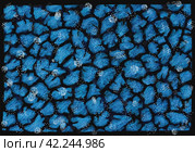 Blue uneven fragments on a black background. Light spots and marks on top. Abstract texture drawn with pastel crayons. Illustration. Стоковая иллюстрация, иллюстратор Бузмакова Светлана / Фотобанк Лори