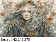 Drawing of a long-haired woman in shades of gray, portrait, ,Generative AI. Стоковое AI-изображение, AI-художник Анна Кривицкая / Фотобанк Лори