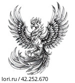 Phoenix illustration, drawing, engraving, ink, line art, vector. Sketch of a tattoo in the form of a Firebird. T-shirt apparel print design. Стоковое AI-изображение, AI-художник Ирина Ручушкина / Фотобанк Лори