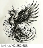 Phoenix illustration, drawing, engraving, ink, line art, vector. Sketch of a tattoo in the form of a Firebird. T-shirt apparel print design. Стоковое AI-изображение, AI-художник Ирина Ручушкина / Фотобанк Лори