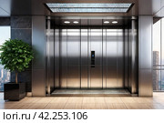 Modern steel elevator cabin in house or multi-apartment skyscraper. Background of interior floor of elevator platform with elevators and sunlight in business center. Copy space for site. Стоковое AI-изображение, AI-художник Aleksandr Golubev / Фотобанк Лори