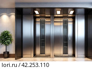 Modern steel elevator cabin in house or multi-apartment skyscraper. Background of interior floor of elevator platform with elevators and sunlight in business center. Copy space for site. Стоковое AI-изображение, AI-художник Aleksandr Golubev / Фотобанк Лори