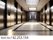Background of interior floor of elevator platform with elevators and sunlight in business center. Modern steel elevator cabin in house or multi-apartment skyscraper. Copy space for site. Стоковое AI-изображение, AI-художник Aleksandr Golubev / Фотобанк Лори