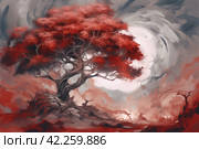 Red tree moon mountain. Generate Ai. Стоковое AI-изображение, AI-художник Иван Рябоконь / Фотобанк Лори