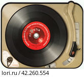 Граммофонная пластинка и проигрыватель виниловых пластинок Thorens. Почтовая марка Швейцарии 2014 года. Редакционная иллюстрация, иллюстратор александр афанасьев / Фотобанк Лори