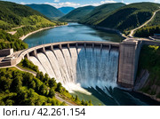 Photo of modern giant dam, located on Parana river. Itaipu Binacional hydroelectric power station in Foz do Iguazu Brazil on border with Paraguay. Hydro electrification concept. Copy ad text space. Стоковое AI-изображение, AI-художник Aleksandr Golubev / Фотобанк Лори