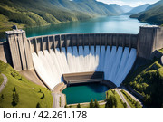 Close-up view of modern giant dam on Parana river, South America. Itaipu Binacional hydroelectric power station in Foz do Iguazu Brazil on border Paraguay. Hydro electrification concept. Copy space. Стоковое AI-изображение, AI-художник Aleksandr Golubev / Фотобанк Лори