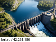 hydroelectric power station in Foz do Iguazu Brazil, border Paraguay. Panoramic aerial view of giant dam on Parana river, South America. Hydro electrification concept. Copy ad space. Стоковое AI-изображение, AI-художник Aleksandr Golubev / Фотобанк Лори