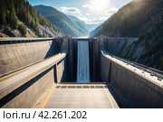 Hydroelectric power station in Foz do Iguazu Brazil, border Paraguay. View of roadway modern giant dam on Parana river, South America. Hydro electrification concept. Copy text space. Стоковое AI-изображение, AI-художник Aleksandr Golubev / Фотобанк Лори