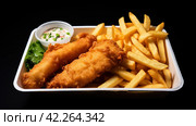 Traditional British fish and chips. Image for Cafe and Restaurant Menus. Стоковое AI-изображение, AI-художник Ирина Ручушкина / Фотобанк Лори