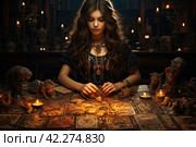 Woman reading tarot cards in spiritual room. Tarot cards in fortune teller hands. Woman mixes tarot cards deck on wooden desk table. Reading future. Стоковое AI-изображение, AI-художник Ирина Михайличенко / Фотобанк Лори