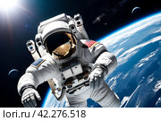 Astronaut on a spacewalk against earth backdrop. Space explorer in a white suit hovers above earth, capturing the vastness of space. Стоковое AI-изображение, AI-художник Aleksandr Golubev / Фотобанк Лори