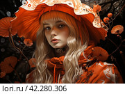 Mysterious visions, surreal dreams with unexpected images, little red riding hood and mushrooms,Generative AI. Стоковое AI-изображение, AI-художник Анна Кривицкая / Фотобанк Лори