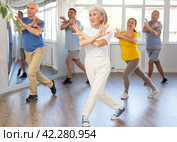 Woman participating in Zumba class for seniors in fitness studio. Стоковое фото, фотограф Яков Филимонов / Фотобанк Лори