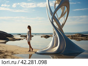 Fashion catwalk on the seashore with a model in white showing off an outfit,Generative AI. Стоковое AI-изображение, AI-художник Анна Кривицкая / Фотобанк Лори