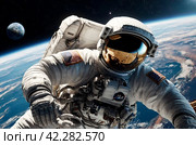 Astronaut on a spacewalk against earth backdrop. Space explorer in a white suit hovers above earth, capturing the vastness of space. Стоковое AI-изображение, AI-художник Aleksandr Golubev / Фотобанк Лори