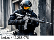 Special forces soldier man in uniform of tactical Units of Police with weapon, in action. Explosion, smoke and fire sparks on dark black background, no name. Copy ad text space. Generated Ai. Стоковое AI-изображение, AI-художник Aleksandr Golubev / Фотобанк Лори
