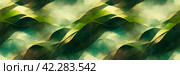 Beautiful abstract panoramic background. Vintage pattern of diagonal wavy curves in shades of green, inspired by nature. Wide texture background with seamless pattern. Great for design. Generative AI. Стоковое AI-изображение, AI-художник Андрей Степанов / Фотобанк Лори